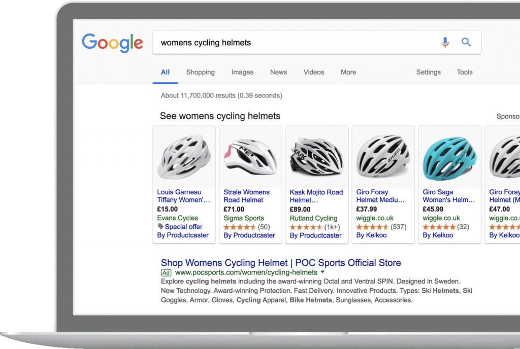 Google Shopping screenshot with cycling helmets